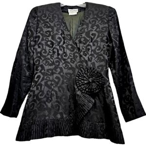 Vintage Adrianna Papell Black Silk Longsleeve Blazer ,Rosette,and Ruffled Accent